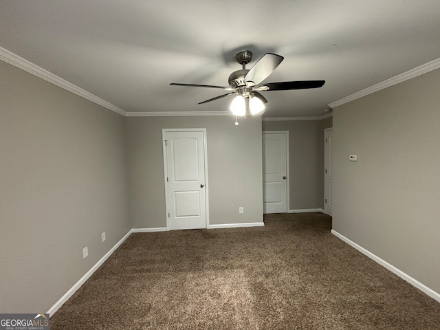 unfurnished bedroom with ceiling fan, carpet floors, and ornamental molding