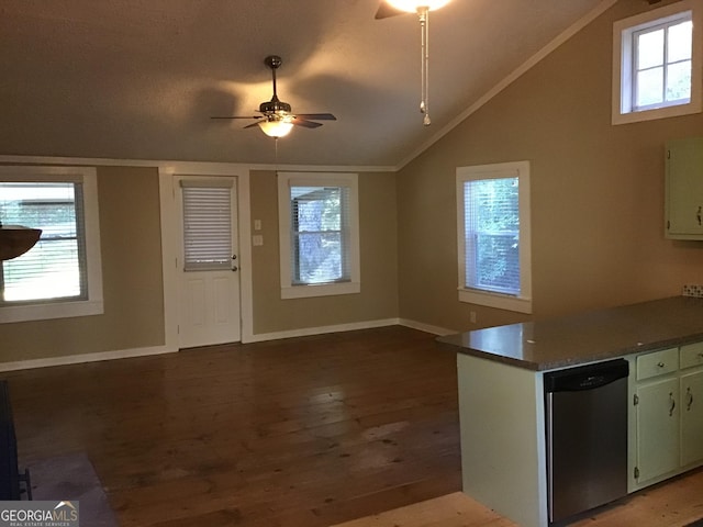 kitchen featuring stainless steel dishwasher, ceiling fan, light hardwood / wood-style flooring, green cabinetry, and lofted ceiling