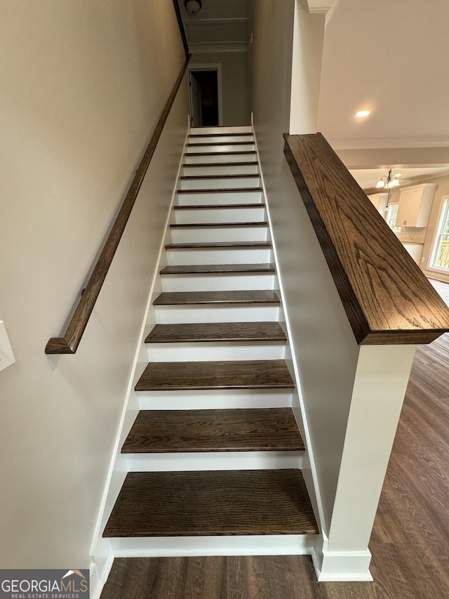 stairs featuring wood-type flooring and crown molding