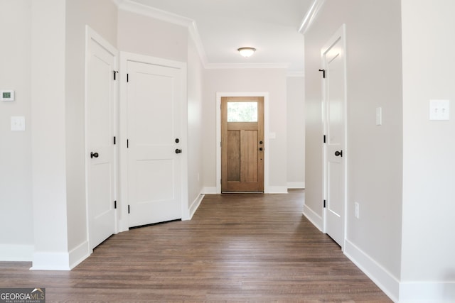 foyer with dark hardwood / wood-style flooring and ornamental molding