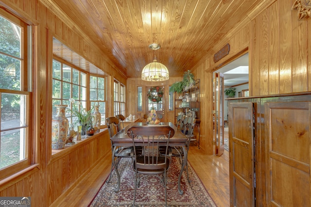 dining space featuring hardwood / wood-style flooring, wood walls, an inviting chandelier, and plenty of natural light