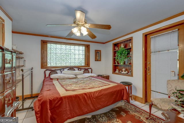 tiled bedroom with ceiling fan and ornamental molding