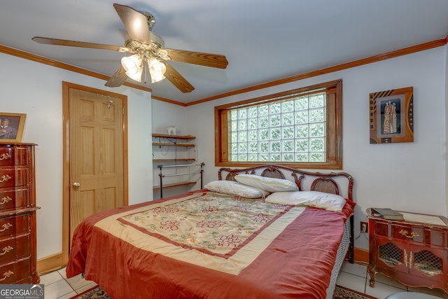 bedroom with light tile patterned floors, crown molding, and ceiling fan