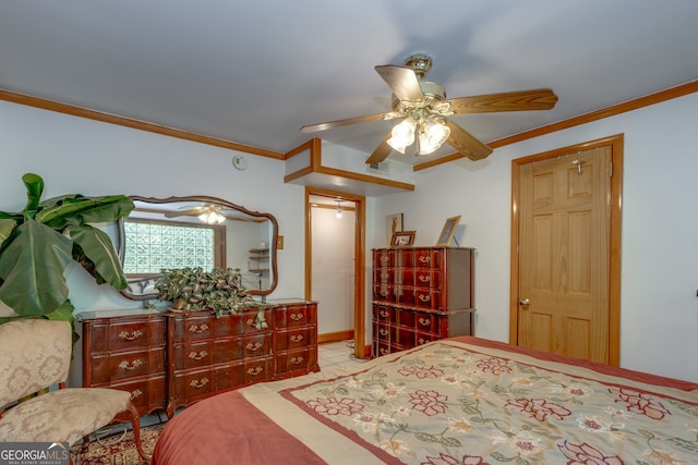 bedroom with ceiling fan and crown molding