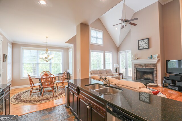 kitchen with dark stone counters, dark wood-type flooring, sink, and plenty of natural light