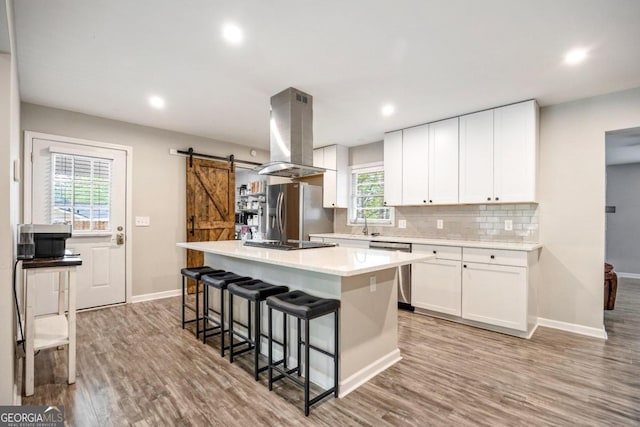 kitchen featuring stainless steel appliances, island range hood, white cabinets, a kitchen island, and a barn door