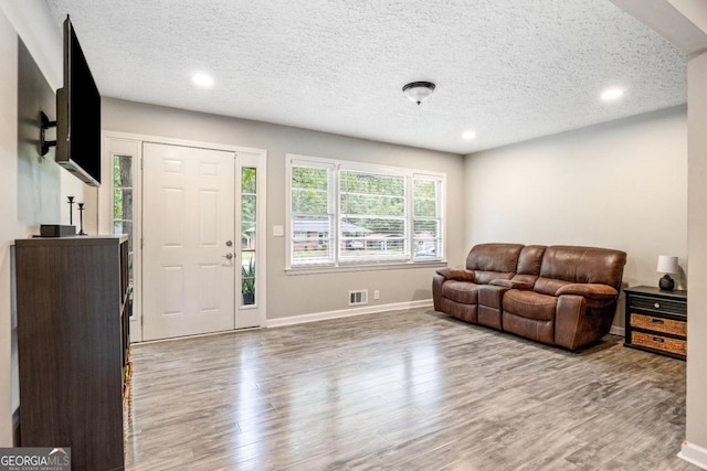 living room featuring a textured ceiling and light wood-type flooring