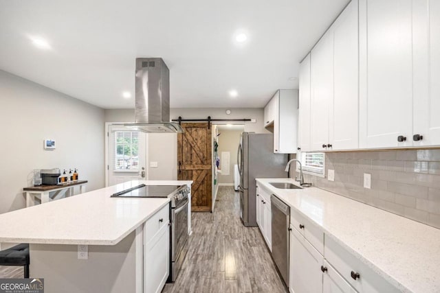 kitchen with sink, white cabinetry, island range hood, stainless steel appliances, and a barn door