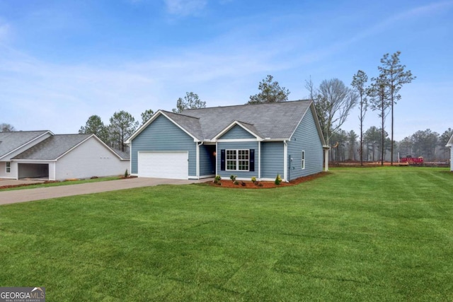 single story home with a front yard and a garage