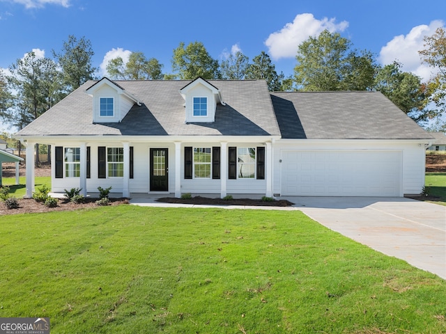 cape cod home with a garage and a front lawn