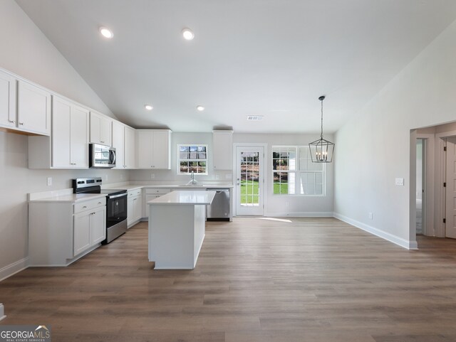 kitchen featuring white cabinetry, a kitchen island, stainless steel appliances, and wood-type flooring