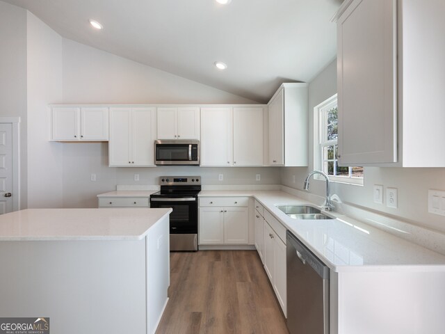 kitchen with hardwood / wood-style floors, lofted ceiling, white cabinetry, and stainless steel appliances