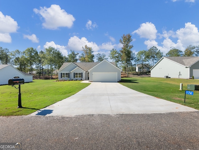 single story home with a front lawn and a garage