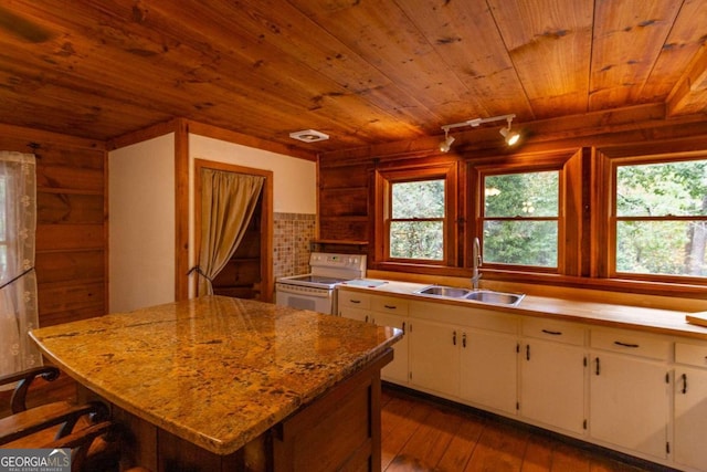 kitchen featuring a wealth of natural light, wood walls, electric stove, and white cabinets