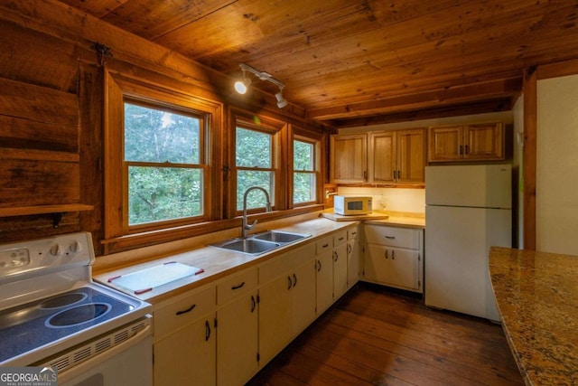 kitchen with white appliances, wooden ceiling, track lighting, dark hardwood / wood-style floors, and sink