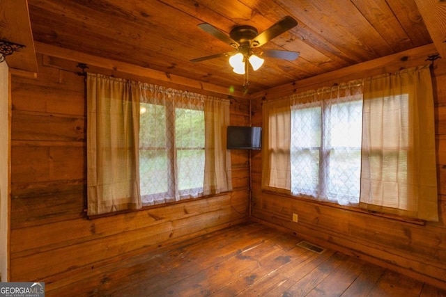 unfurnished room with wood walls, ceiling fan, wooden ceiling, and dark hardwood / wood-style flooring