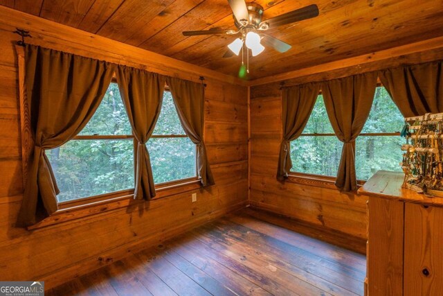 unfurnished room featuring wooden walls, a healthy amount of sunlight, and dark hardwood / wood-style flooring