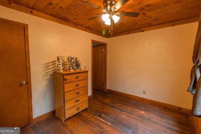 bedroom with ceiling fan, dark hardwood / wood-style flooring, and wooden ceiling