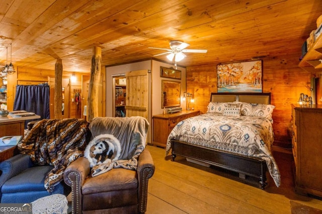 bedroom featuring wooden walls, ceiling fan, wooden ceiling, and hardwood / wood-style floors