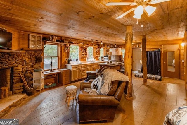 interior space featuring wooden ceiling, light hardwood / wood-style floors, a fireplace, and ceiling fan