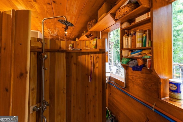 details featuring wooden walls and wooden ceiling