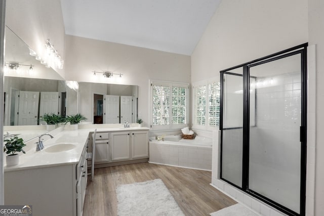 bathroom with hardwood / wood-style floors, vanity, and plus walk in shower