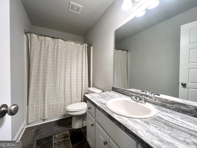 full bathroom with vanity, shower / bathtub combination with curtain, and toilet