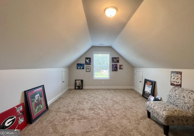 additional living space with lofted ceiling and light carpet