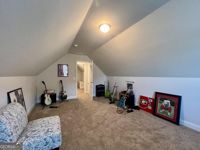 game room with vaulted ceiling and light carpet