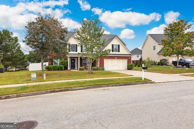 view of front of house featuring a front lawn and a garage