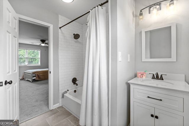 full bath with shower / bathtub combination with curtain and vanity