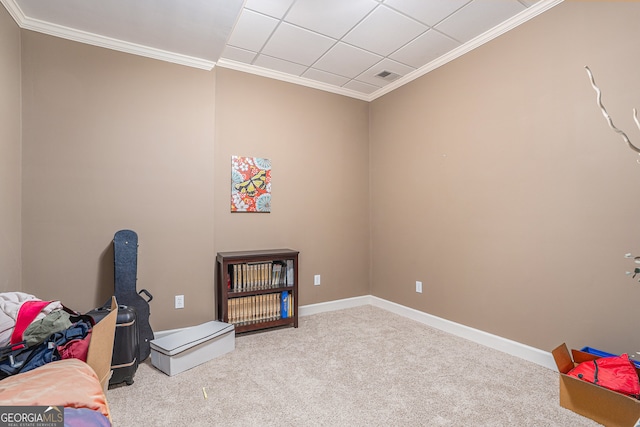 rec room with light colored carpet and crown molding