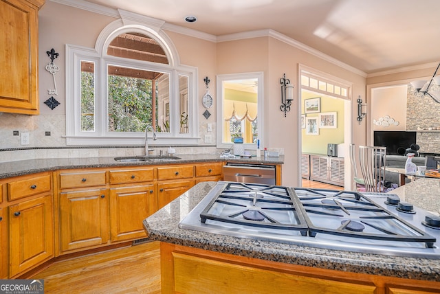 kitchen featuring sink, appliances with stainless steel finishes, light wood-type flooring, crown molding, and decorative backsplash