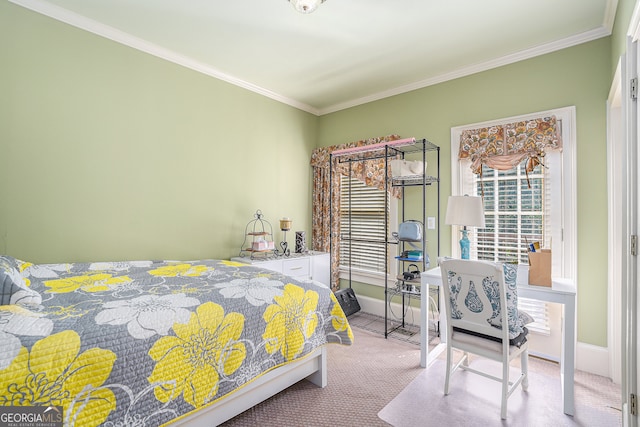 bedroom featuring ornamental molding and light colored carpet