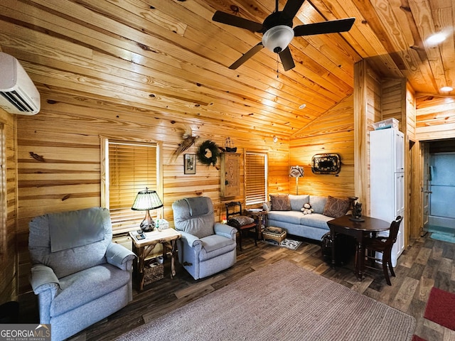 living area featuring a wall mounted air conditioner, wooden walls, lofted ceiling, wooden ceiling, and wood finished floors