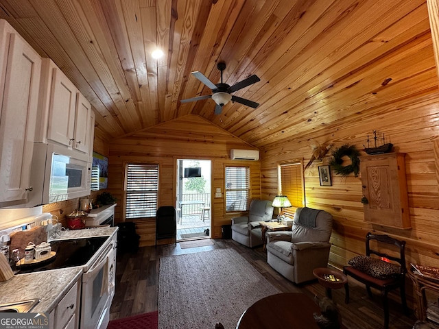 living room featuring wood ceiling, lofted ceiling, wood walls, and dark hardwood / wood-style flooring