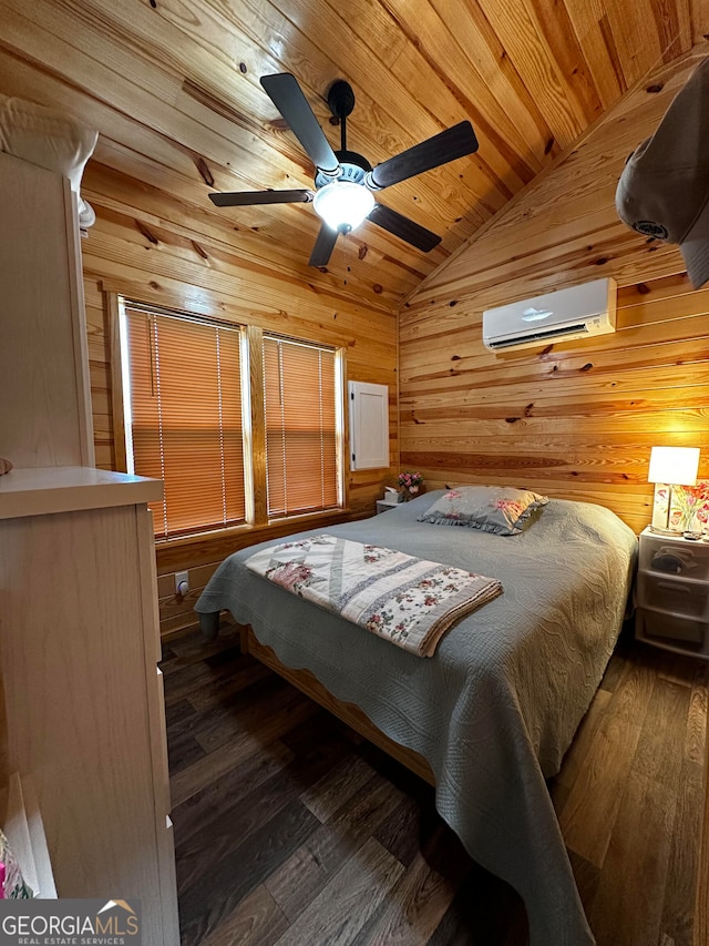 bedroom featuring lofted ceiling, dark hardwood / wood-style floors, a wall mounted AC, and ceiling fan