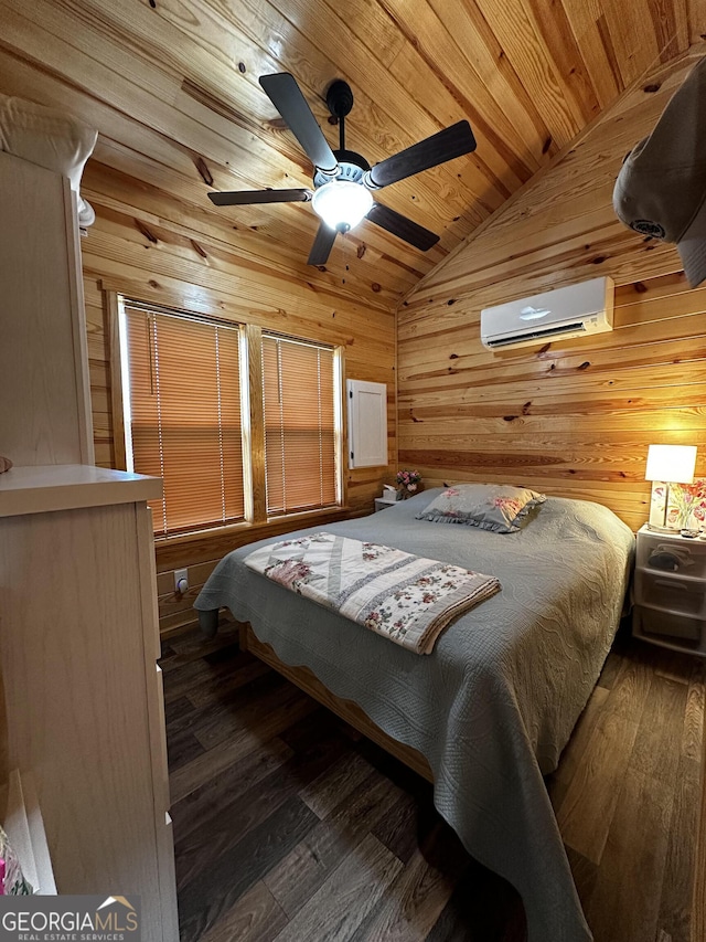 bedroom featuring a wall mounted air conditioner, wooden walls, wood ceiling, and wood finished floors