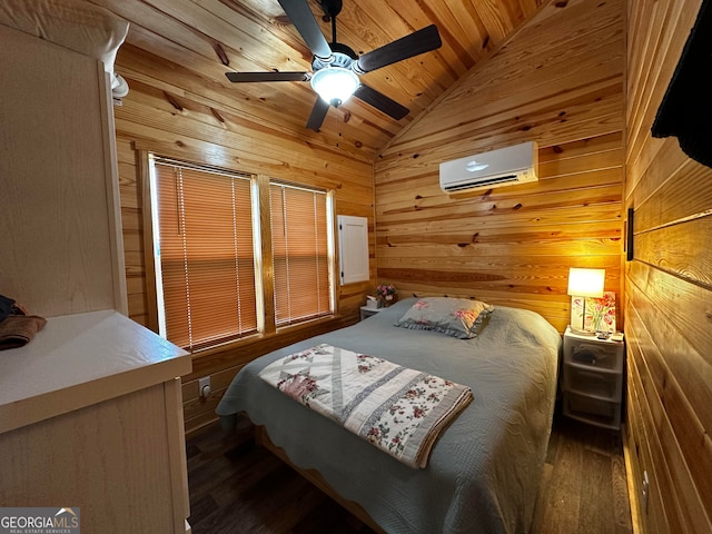 bedroom with dark wood-type flooring, wood walls, lofted ceiling, ceiling fan, and a wall mounted air conditioner