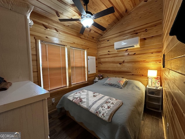 bedroom featuring wooden ceiling, a wall mounted AC, wood walls, wood finished floors, and lofted ceiling