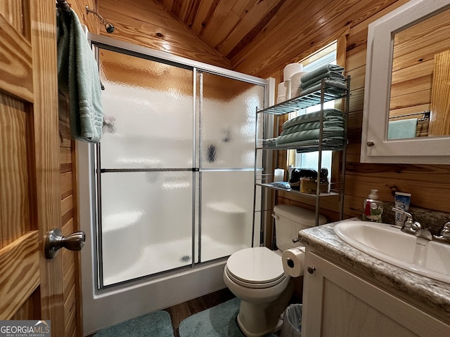 full bathroom with wood ceiling, vanity, lofted ceiling, wooden walls, and toilet