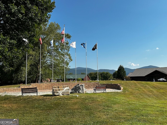 view of community with a mountain view and a lawn