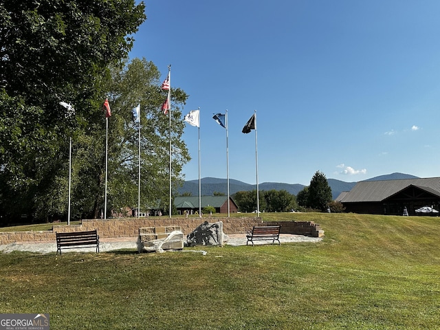 view of home's community with a mountain view and a lawn