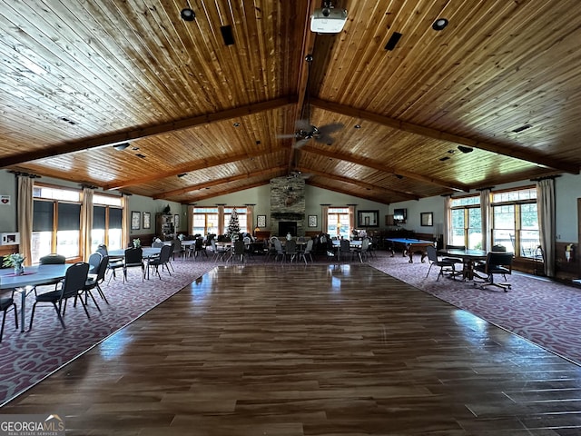 unfurnished dining area featuring wooden ceiling, wood finished floors, pool table, and beam ceiling