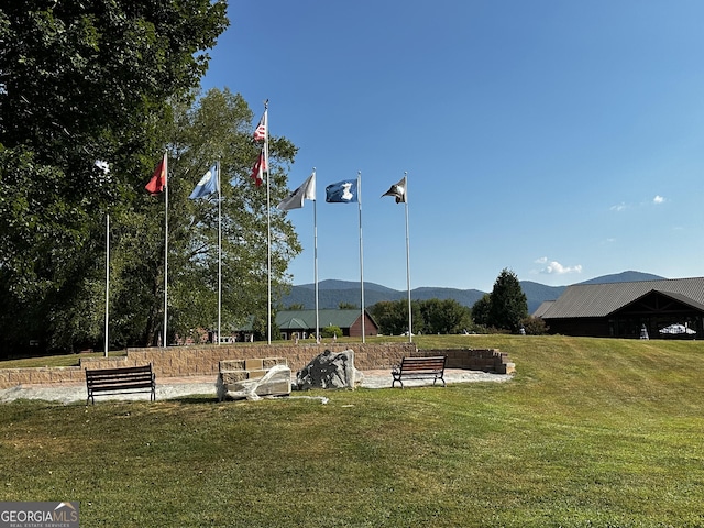 view of community featuring a mountain view and a lawn