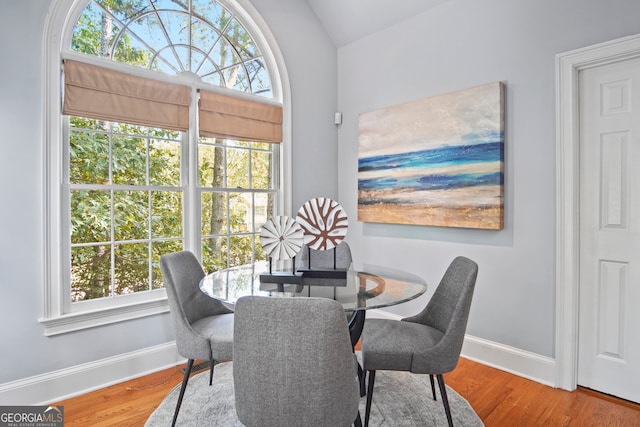 dining space with lofted ceiling, plenty of natural light, and hardwood / wood-style floors