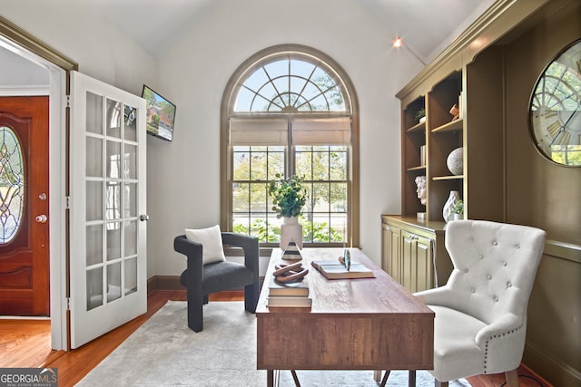 living area featuring wood-type flooring and vaulted ceiling