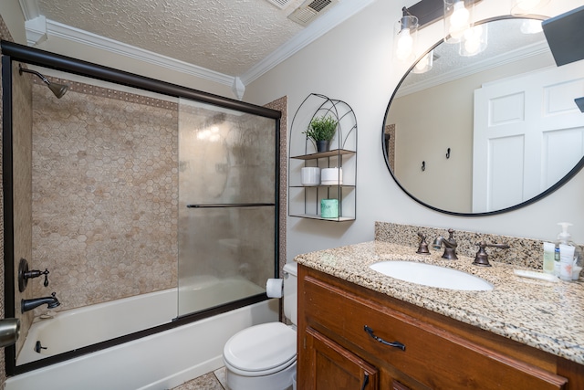 full bathroom with vanity, a textured ceiling, crown molding, shower / bath combination with glass door, and toilet