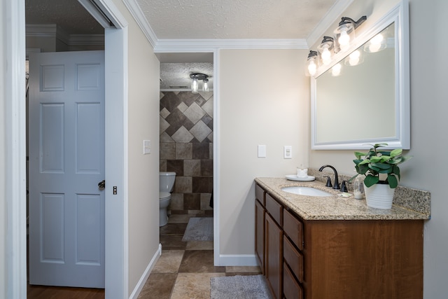 bathroom with tile walls, a textured ceiling, ornamental molding, vanity, and toilet