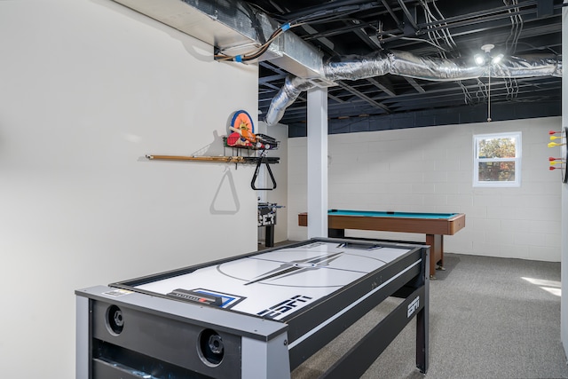 playroom featuring pool table and carpet flooring